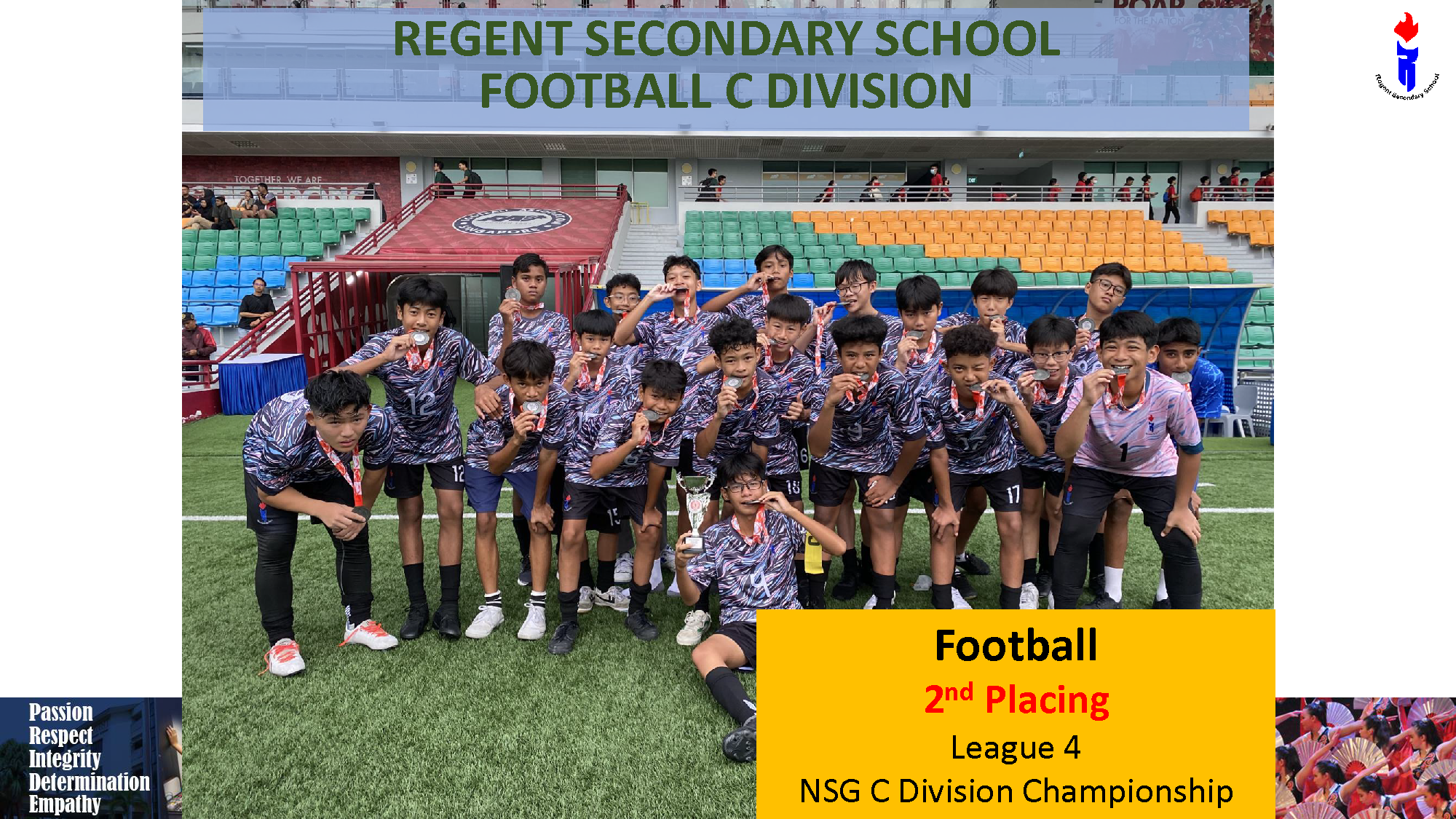Regent Secondary School football team boys posing with medals and a trophy after winning 2nd place in NSG C Division.